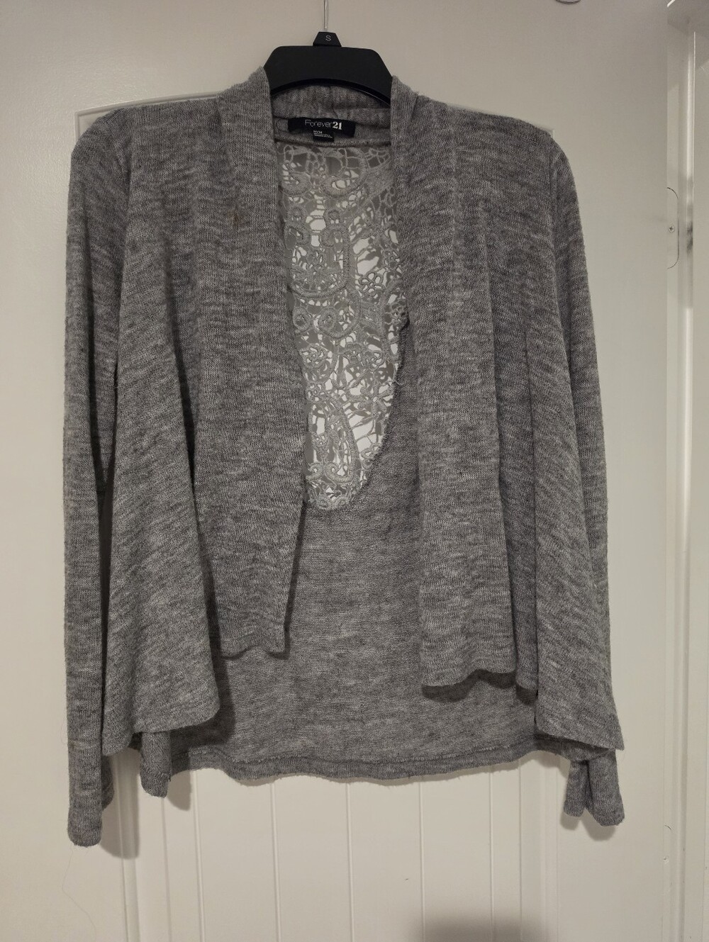 Forever 21 Gray Open-Front Cardigan with Lace Back Panel